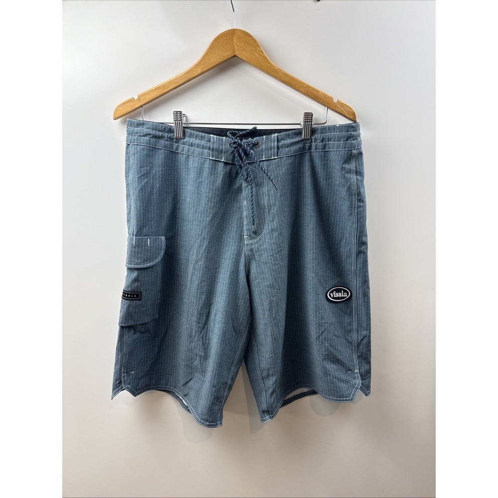 Vissla Board Shorts Men 34 Blue Stripe Swim Trunks Stretch Pocket Surf Quick Dry